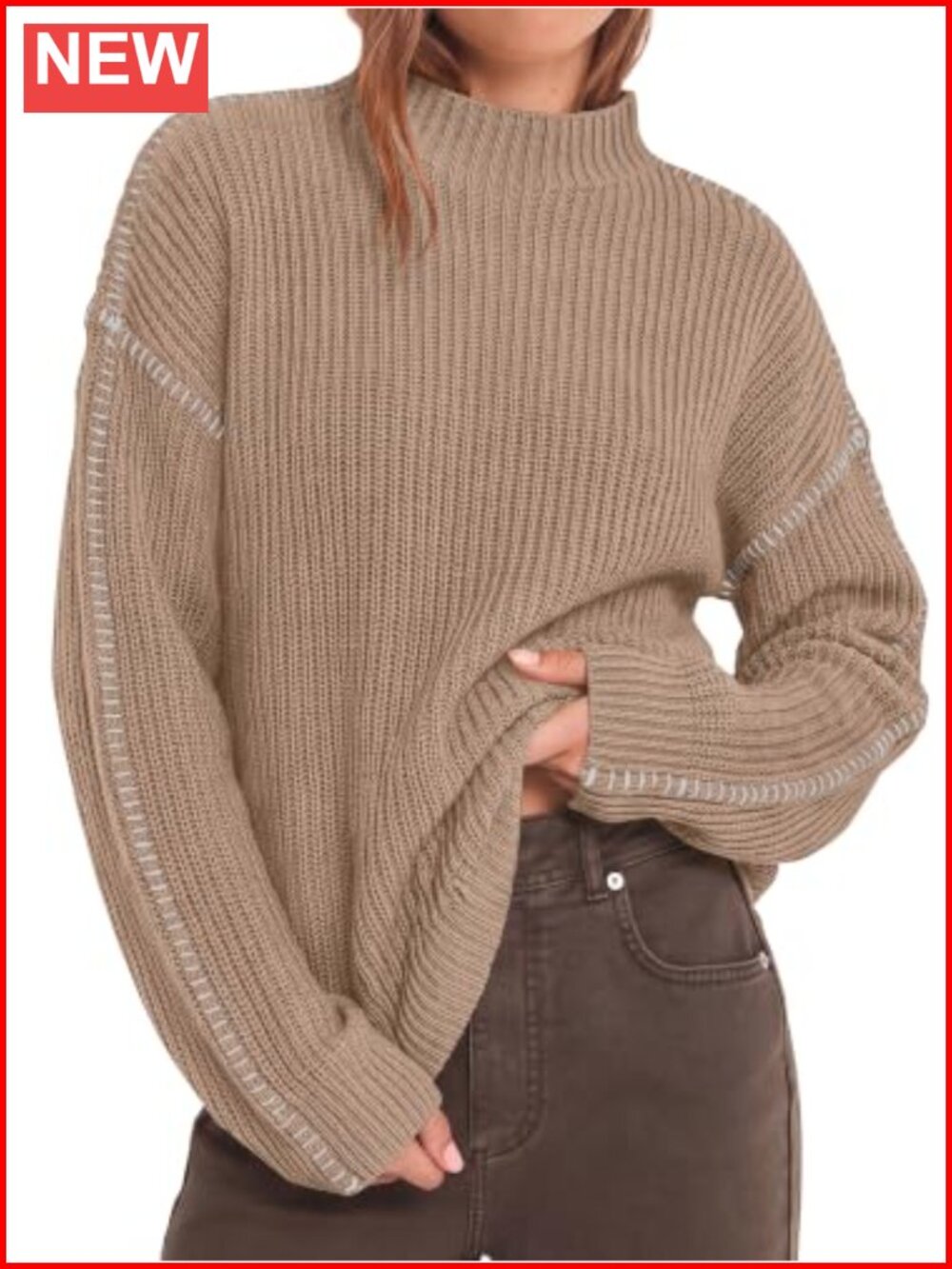 Oversized Chunky Knit Pullover Sweater Women Mock Neck Drop Shoulder Contrast